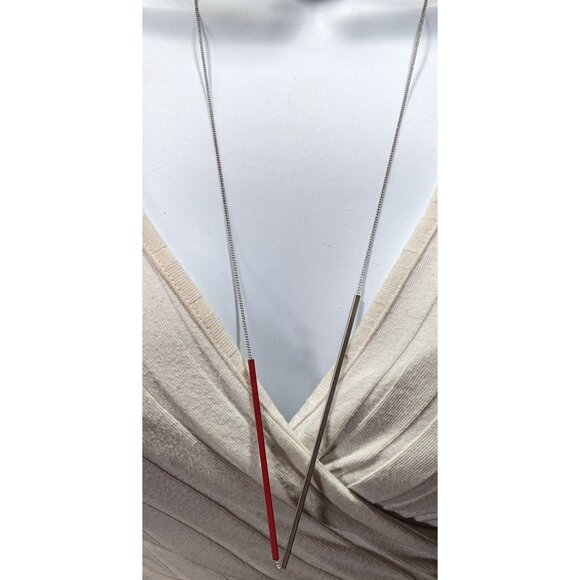 Modern Abstract Red And Silver Tone Asymmetrical Tube On Chain Necklace - Picture 2 of 5